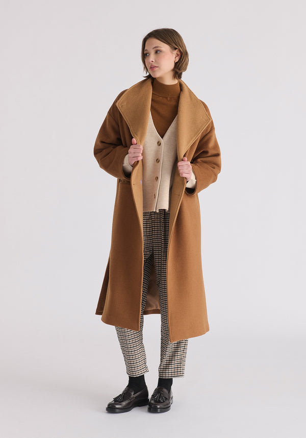 Two-Tone Double Breasted Wool Blend Coat in Brown Front
